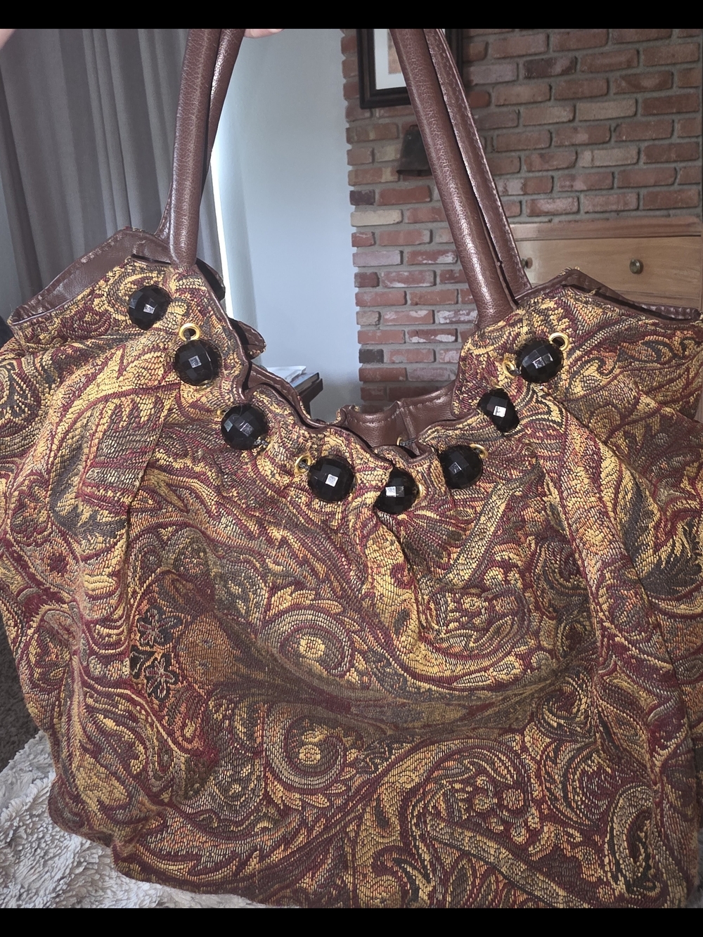 Braciano Burgundy, Gold & Brown Paisley Shoulder Bag with Bead Accents